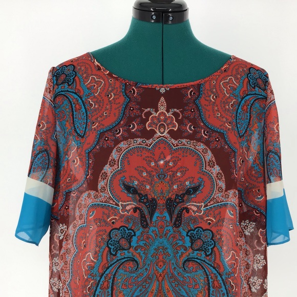 INC Sheer Red Paisley Short Sleeve Top, 12 - Picture 2 of 16